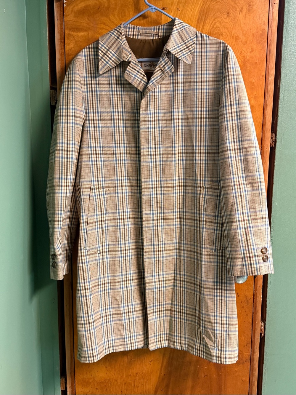 Vintage Men's Beige and Blue Plaid Trench Coat - Classic Overcoat Style